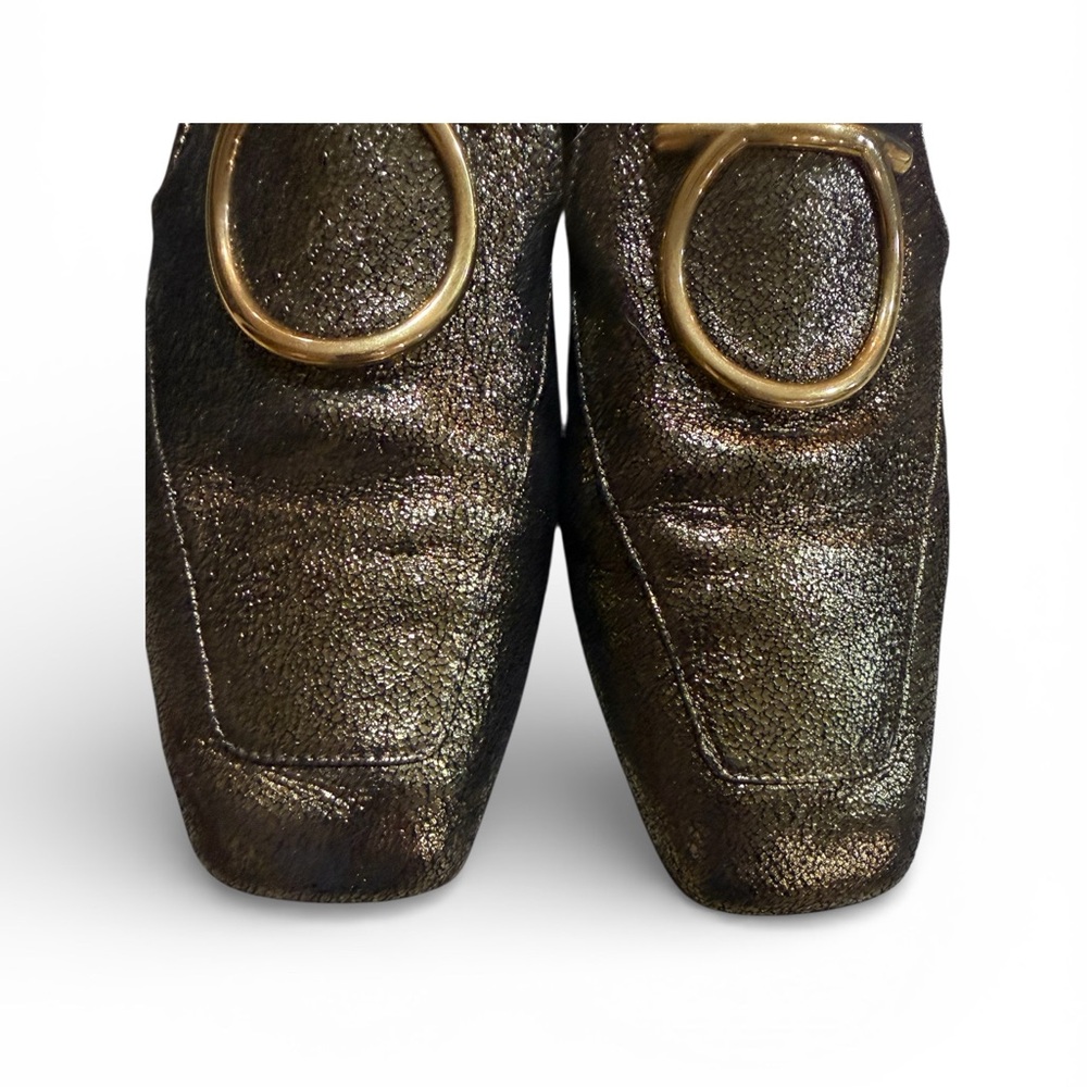 Ferragamo Gold Lana Loafers Gancini Square Toe 7.5B". - Picture 4 of 8